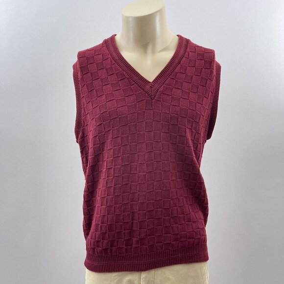 Vintage 90s Maroon Sleeveless V-Neck Sweater Vest Pullover Checkered Textured‎ M - Picture 1 of 9